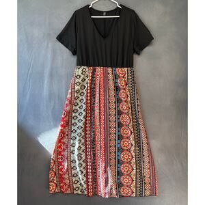 Shein Boho Maxi Dress Black Top Patchwork Print Tie Back Cottagecore Boho Vacay